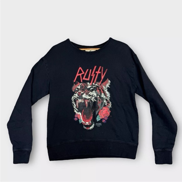 Vintage Rusty Sweatshirt Women’s M UK 10 Black Heavyweight Pixel Tiger San Diego - Picture 1 of 10